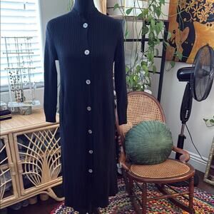 Neiman Marcus Black Cashmere Button Up Midi Maxi Cardigan Duster Sweater